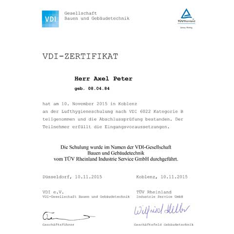 VDI 6022 Zertifikat Axel Peter